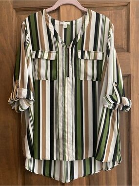 Cato Green & Brown Striped 3/4 Sleeve Top 14/16W